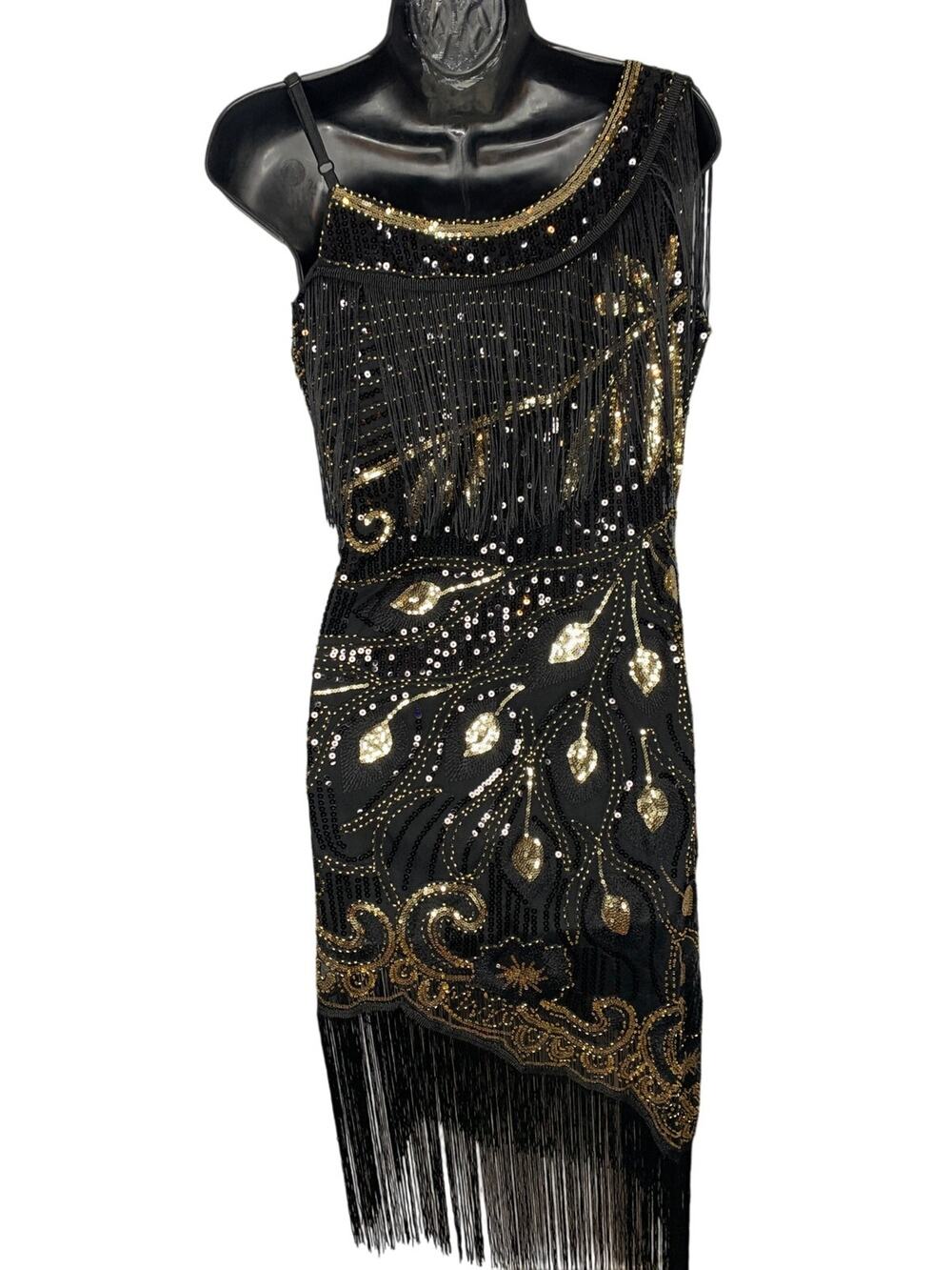 1920's Flapper Dress Women's Medium Fringe Black & Gold Sequin